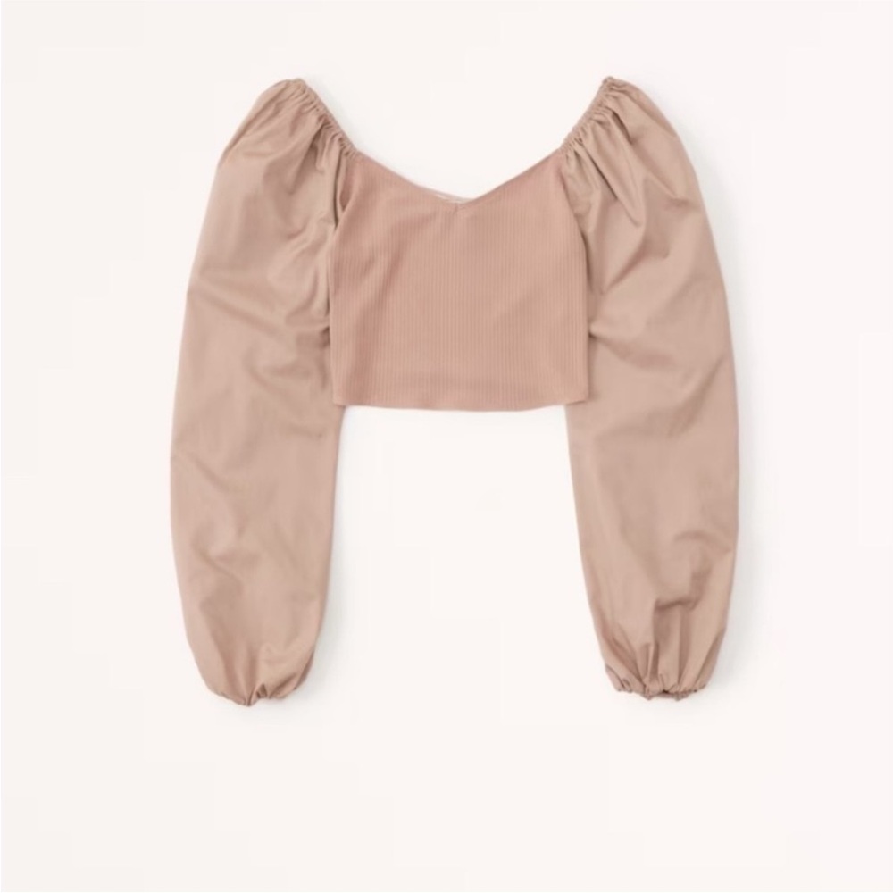 Long-Sleeve Mixed Fabric Puff Sleeve Top